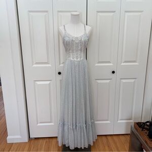 1970s Gunne Sax White and Blue Floral Maxi Dress